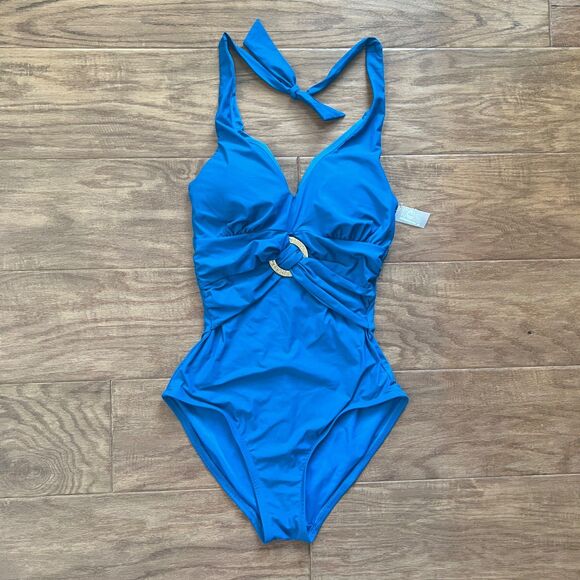 NWT Spanx Belted Beauty Halter One-Piece Swimsuit Size 6 Bayside Blue 2370 - Picture 1 of 6